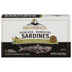 Brunswick wild-caught sardines in olive oil in a can, protein-rich ready to elevate meals.