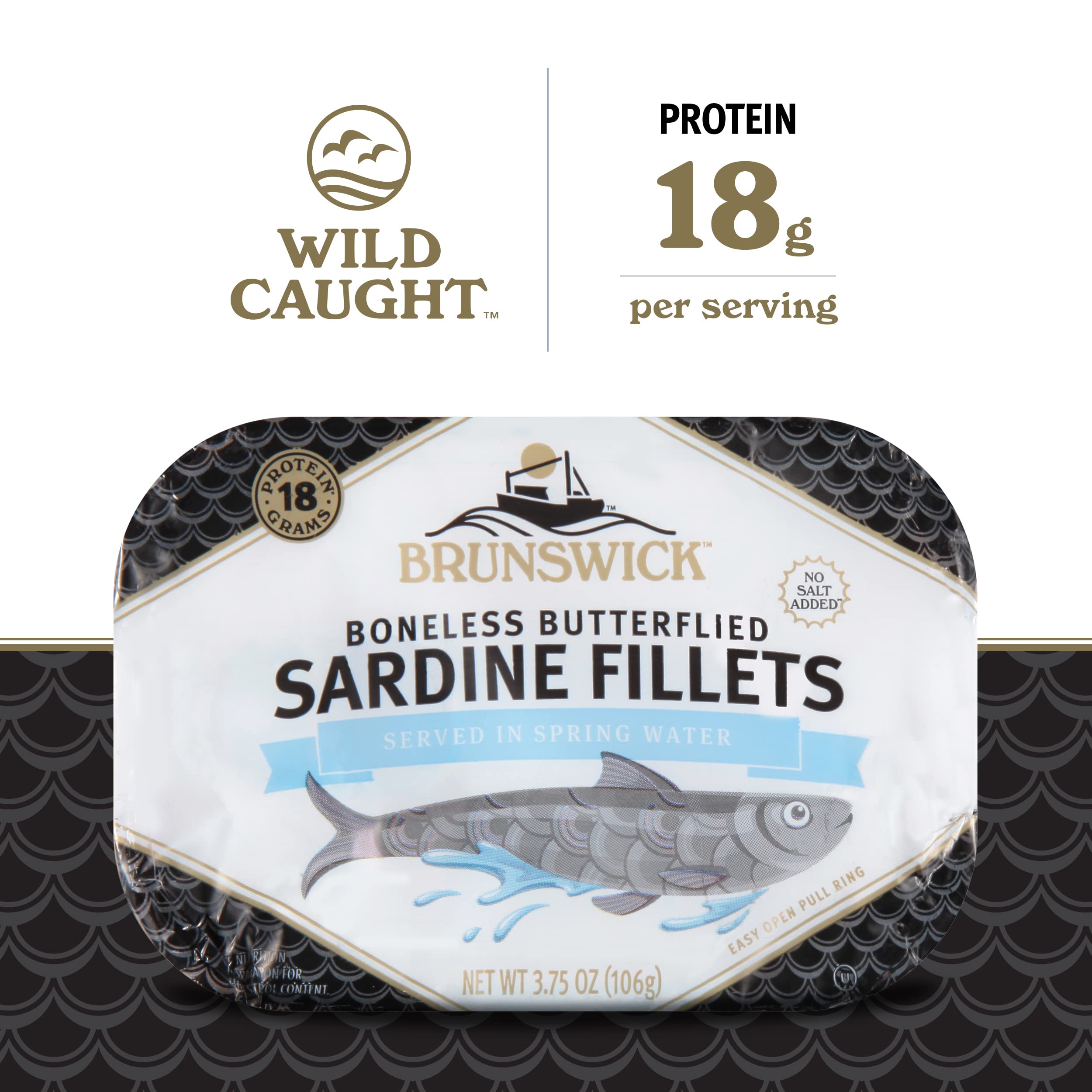 Brunswick Wild-Caught Sardines in Water on pantry shelf, convenient protein.
