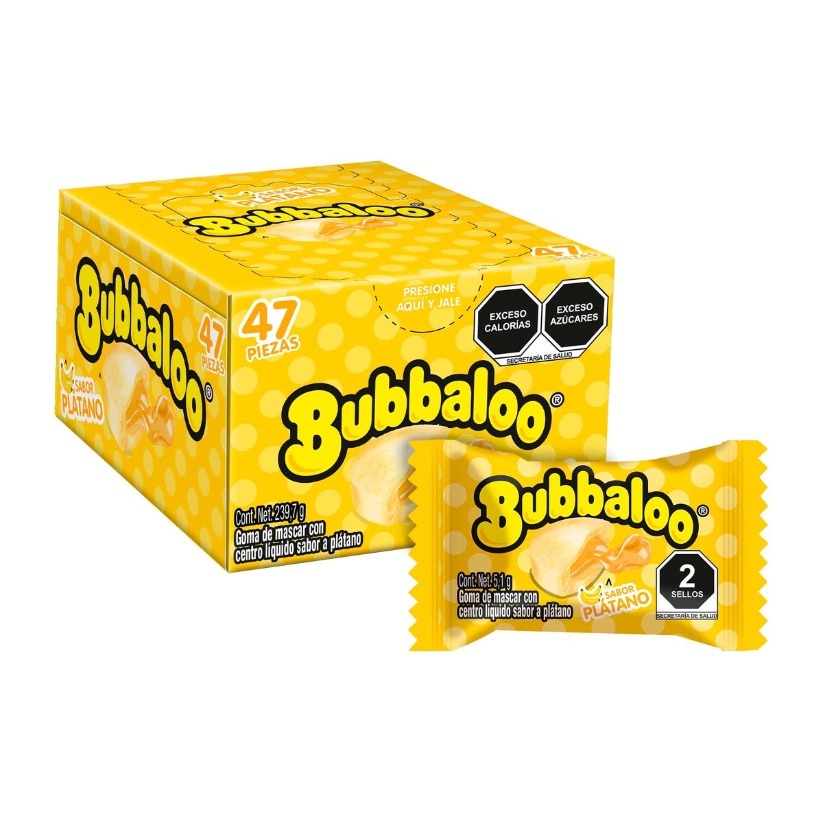 Bubbaloo Adams banana liquid-center gum provides a juicy flavor burst on the go.