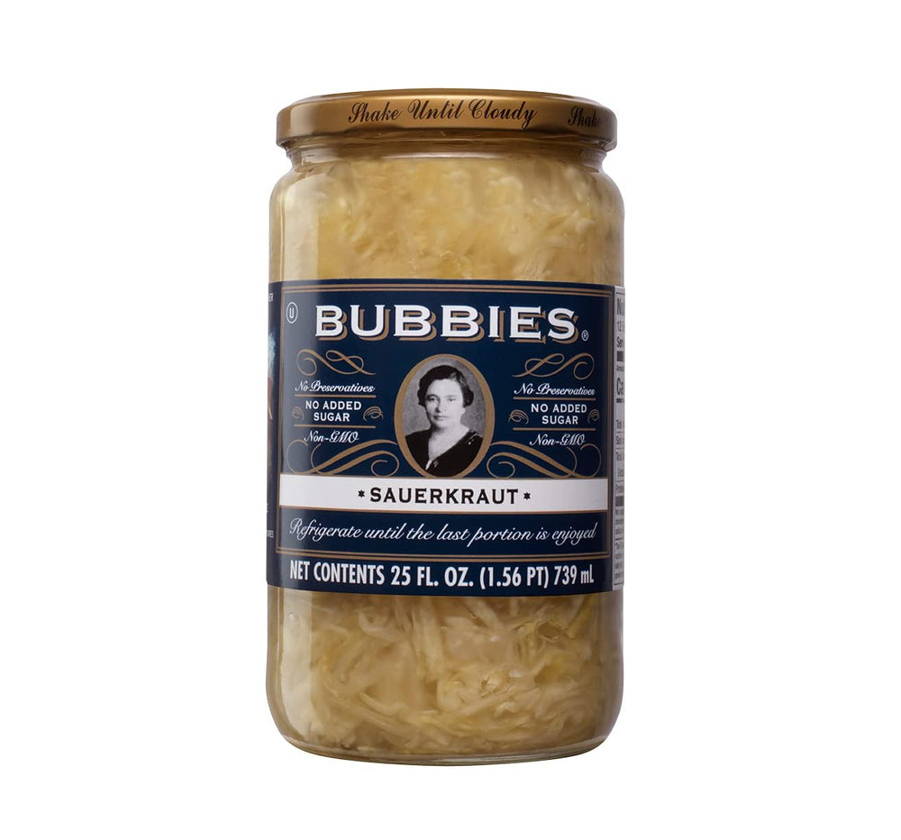 Bubbies Dill pickles 32 oz jar delivering tangy crunch for burgers