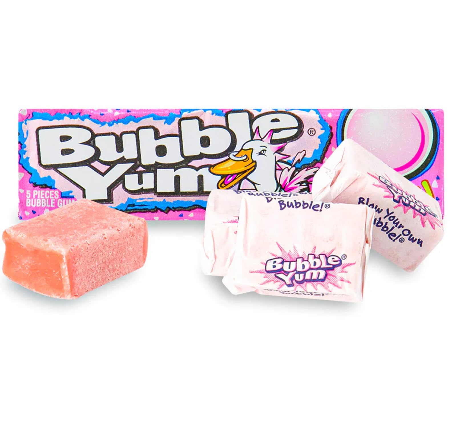 Bubble Yum big bubble action shot showcases satisfying bubble potential.
