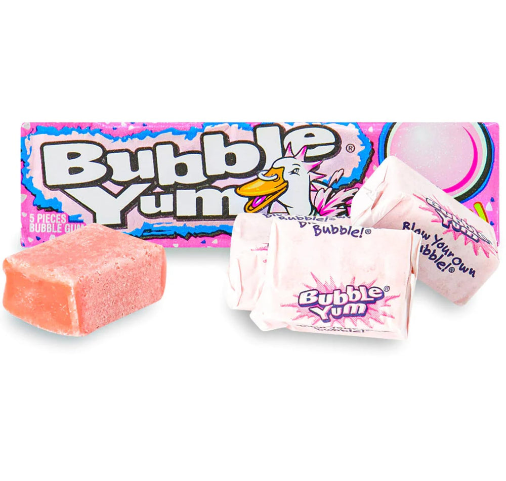Bubble Yum big bubble action shot showcases satisfying bubble potential.