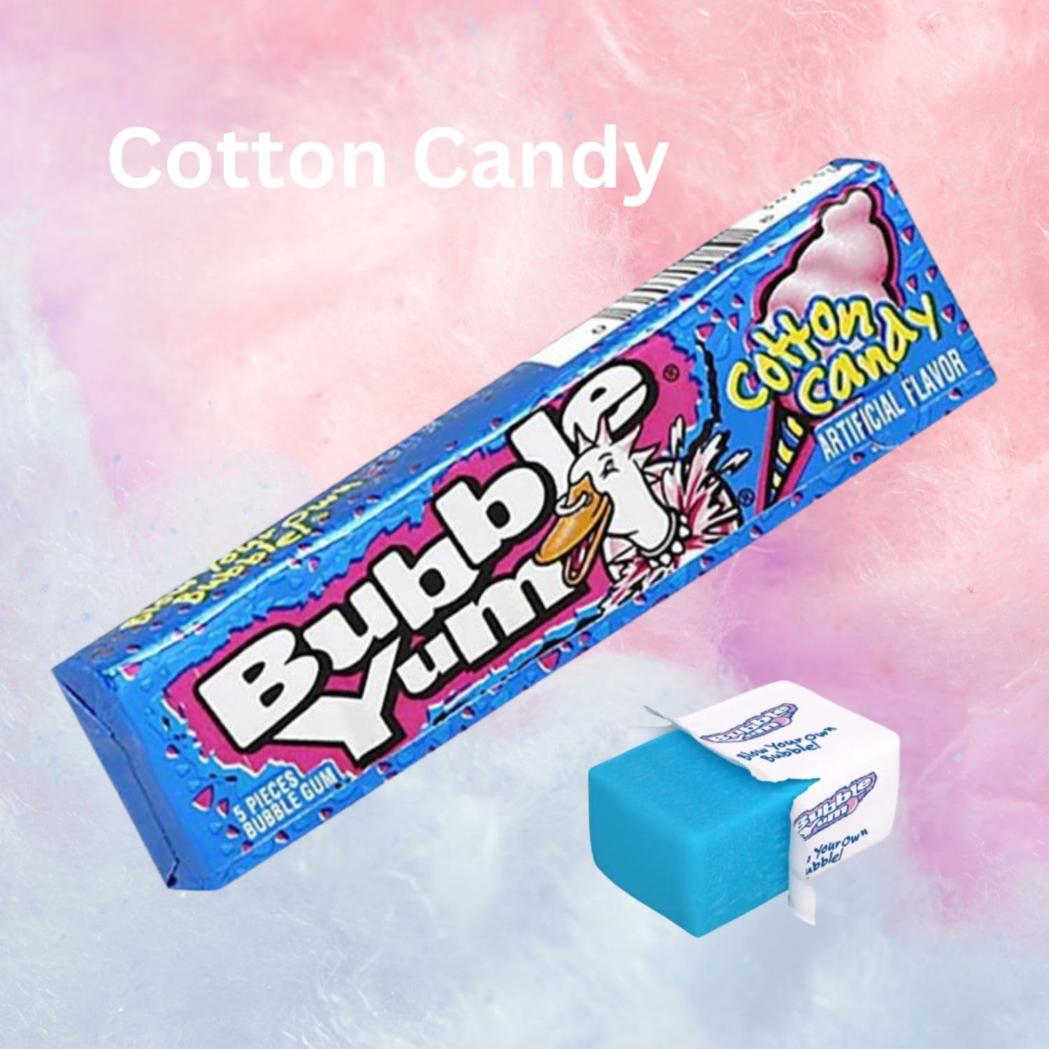 Bubble Yum Cotton Candy flavor wrapped pack adds whimsical sweetness for fun.