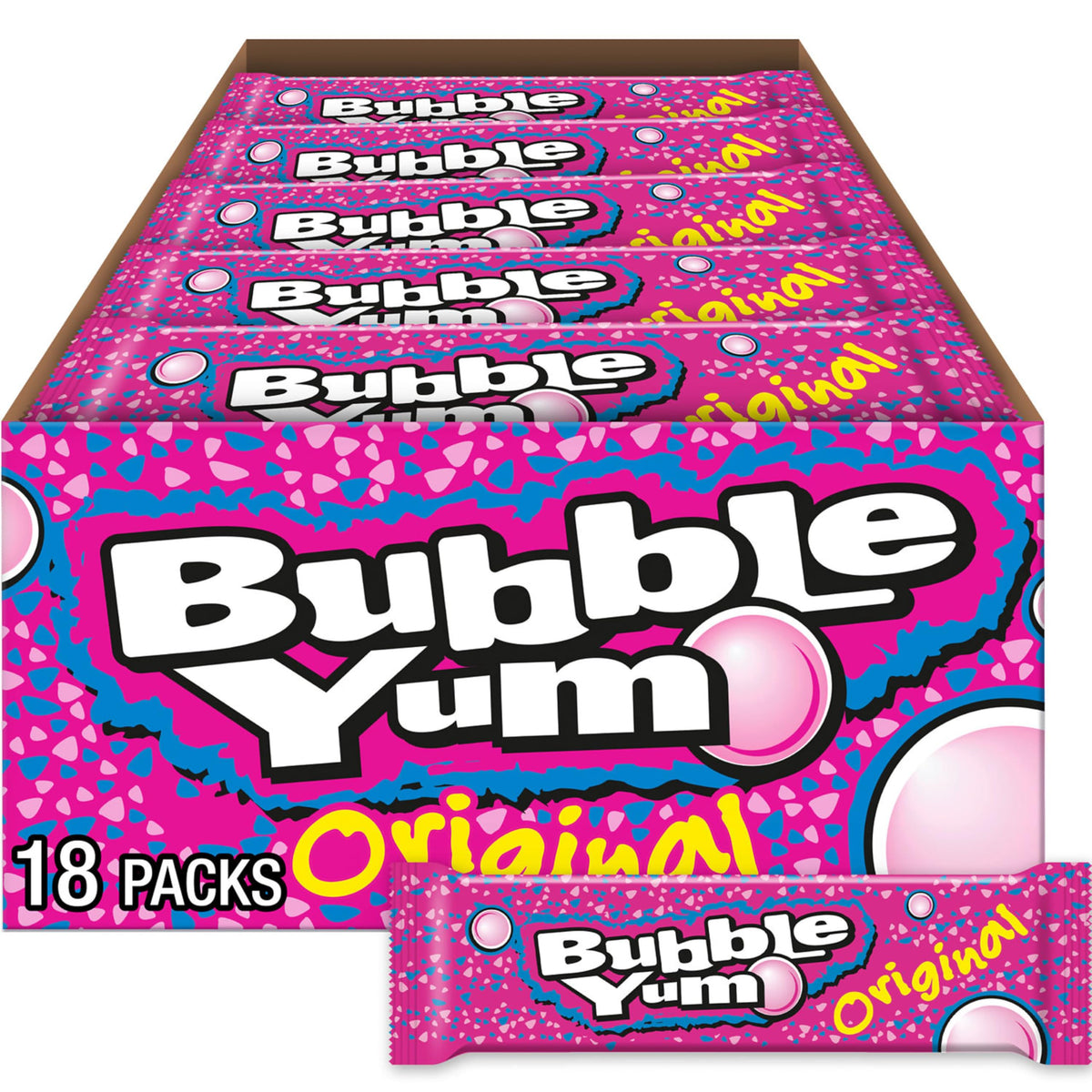 Bubble Yum Original gum box with 18 packs for parties and sharing.