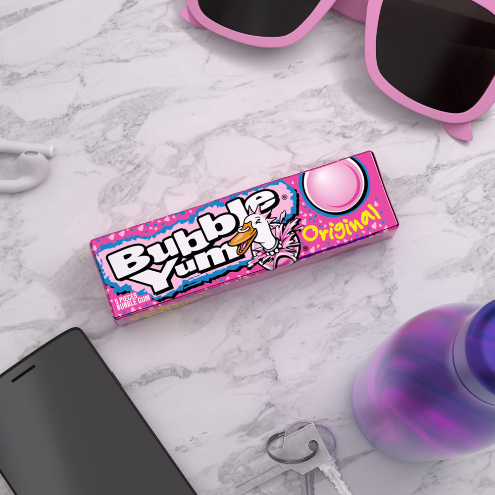 Desk-side Bubble Yum Original gum for quick, tasty breaks.