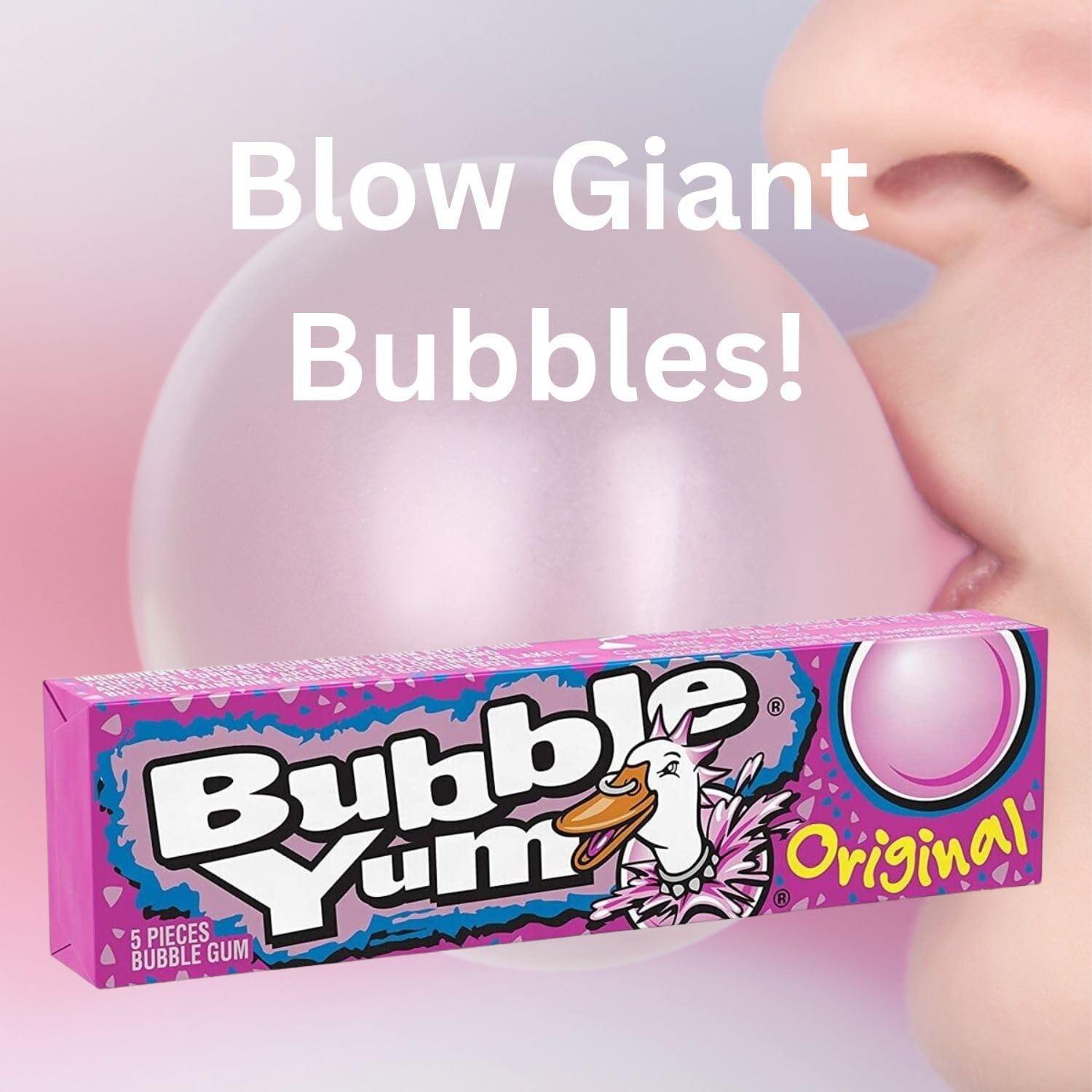 Bubble Yum soft-chew texture close-up emphasizes iconic chewiness.