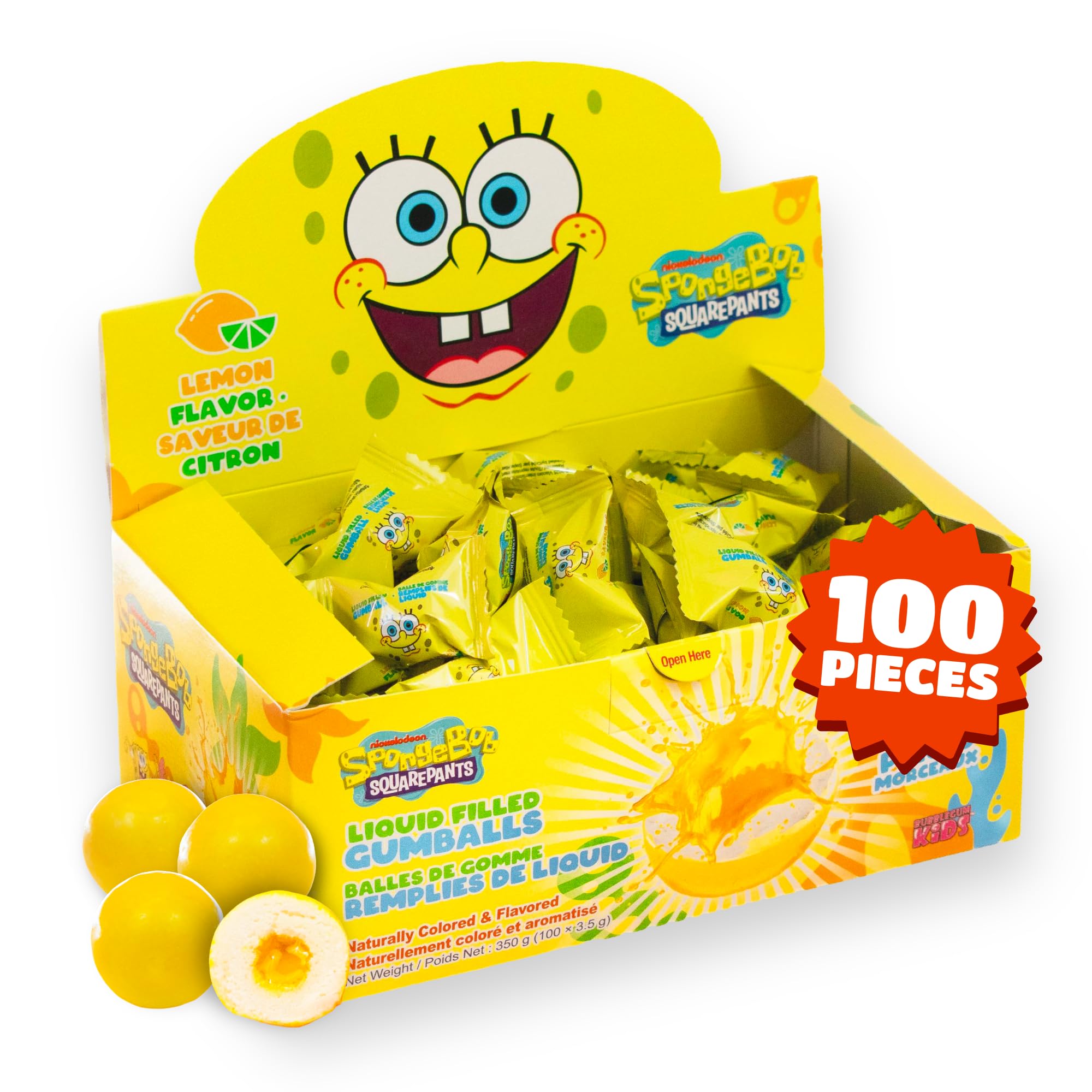 Bubblegum Kids SpongeBob lemon liquid gumballs in a 100-count display for sharing