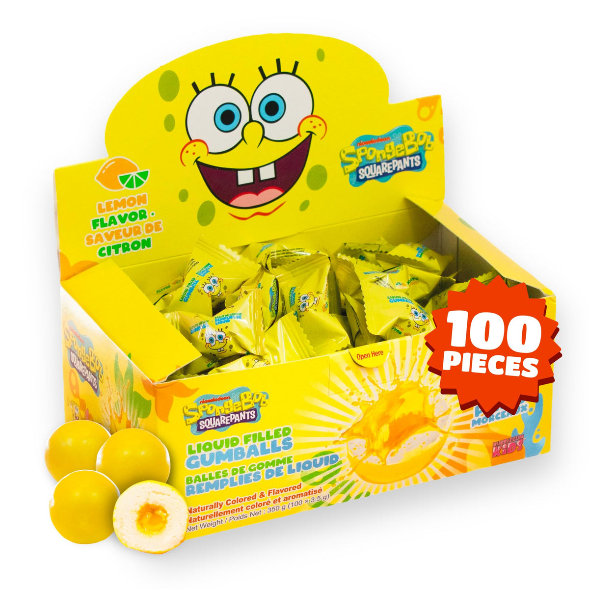 Bubblegum Kids SpongeBob lemon liquid gumballs in a 100-count display for sharing
