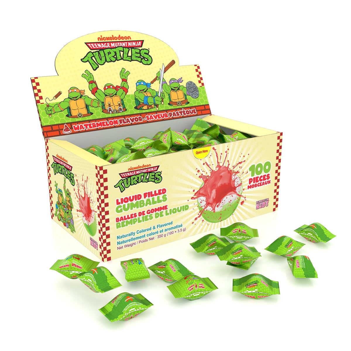Bubblegum Kids TMNT liquid-filled gumballs with watermelon center for playful snacking and party display.