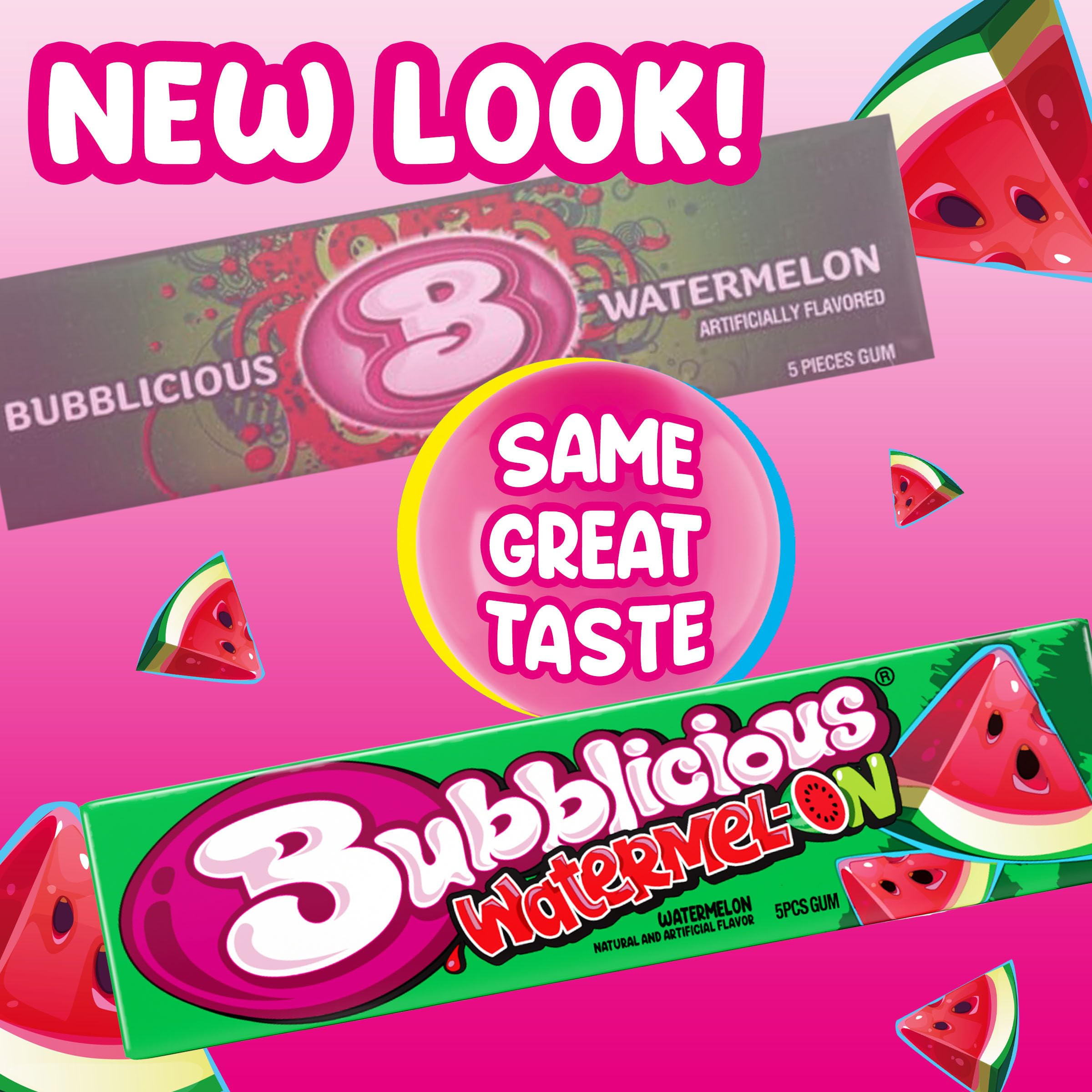 Bubblicious Watermelon gum 5-piece pack, perfect for pocket-sized chewing.