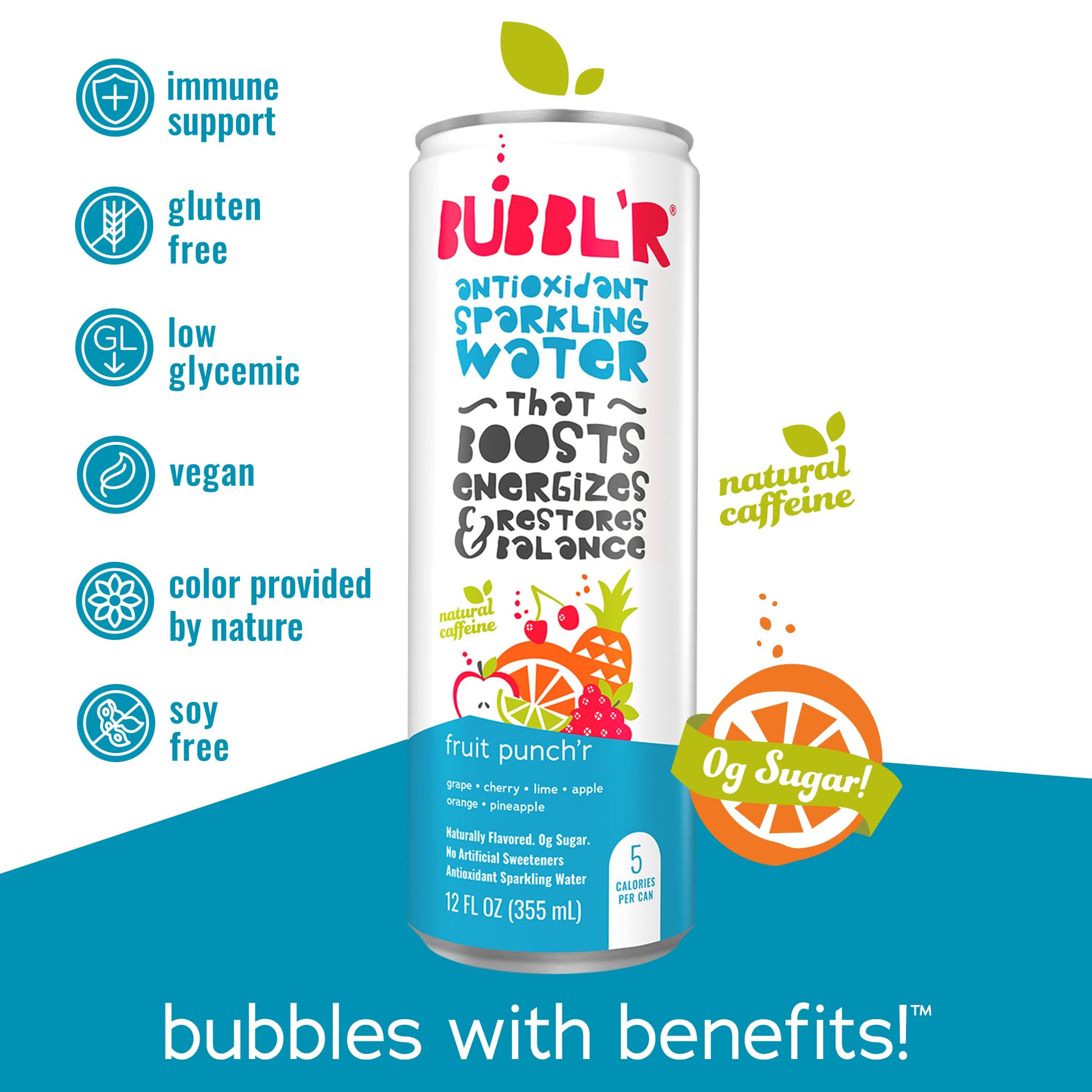 Bubblr fruit punchr 12pack display, gluten free and zero sugar option.