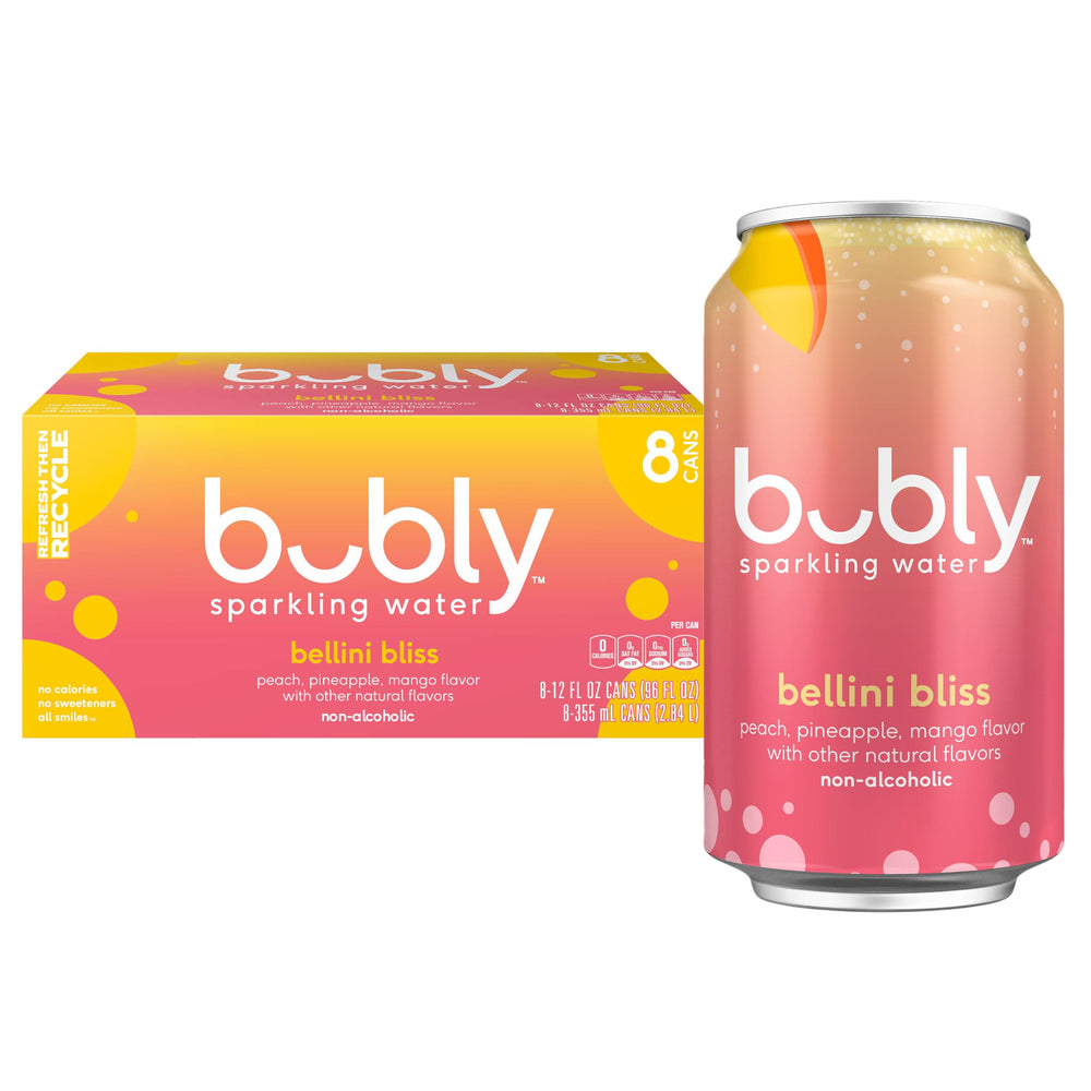 Bubly Bellini Bliss 12oz cans front view for a refreshing, zero calorie option