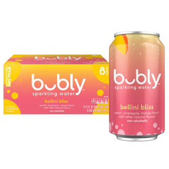 Bubly Bellini Bliss 12oz cans front view for a refreshing, zero calorie option