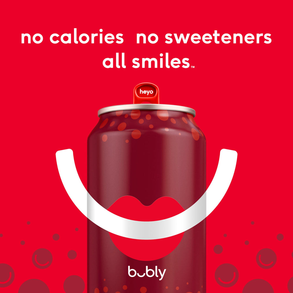 Bubly Bellini Bliss label closeup emphasizing natural flavors and recyclable packaging
