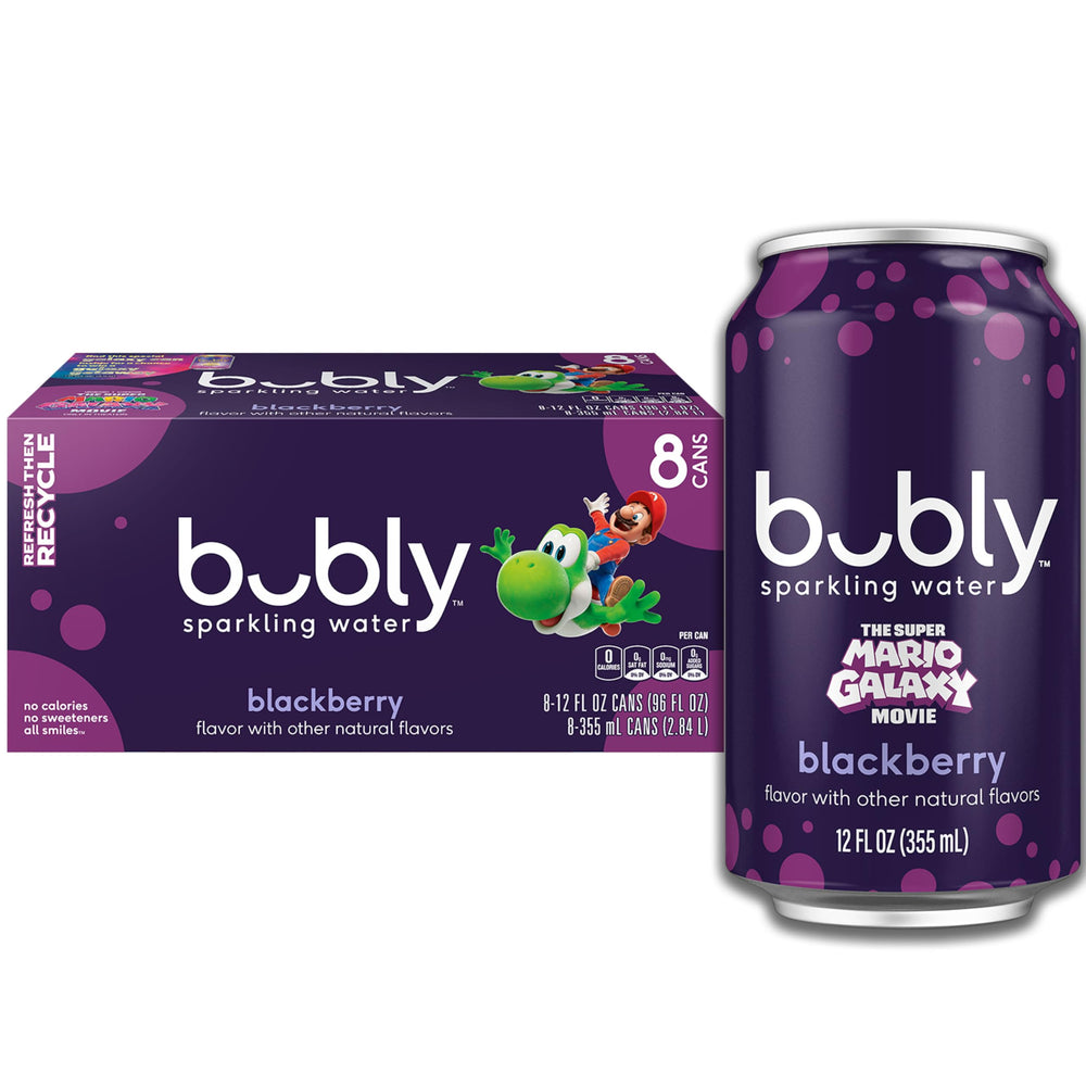 Bubly Blackberry can with crisp bubbles and zero calories.