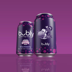 Bubly Blackberry pour shot highlighting convenient 12 oz can for on-the-go refreshment.