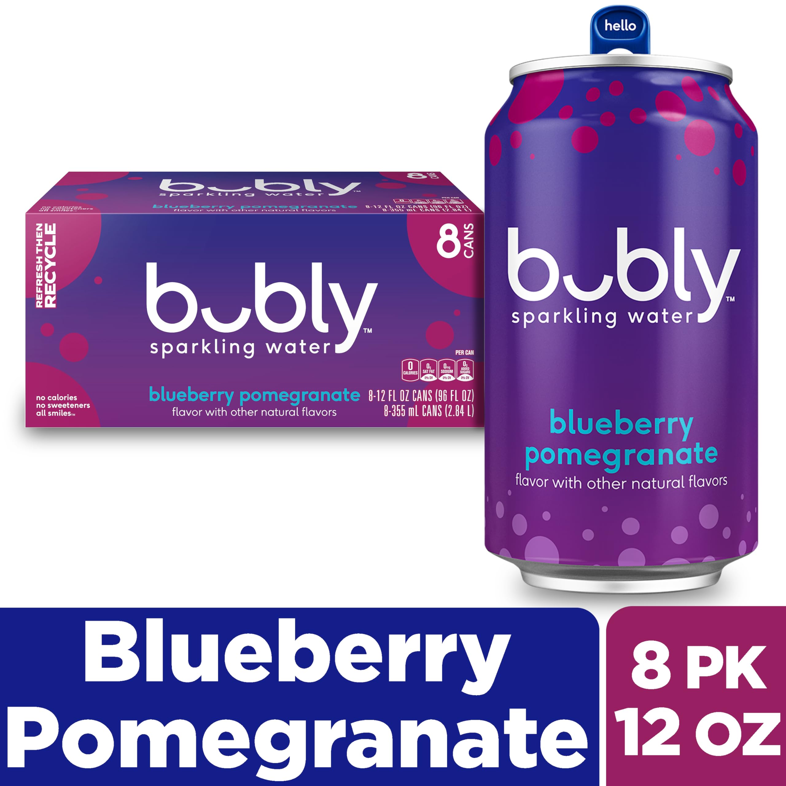 Poured Bubly Blueberry Pomegranate into a glass with bubbles and ice