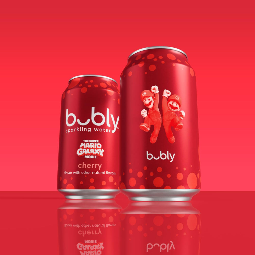 Bubly Cherry sparkling water closeup bubbles emphasize light, bubbly seltzer