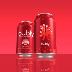 Bubly Cherry sparkling water closeup bubbles emphasize light, bubbly seltzer