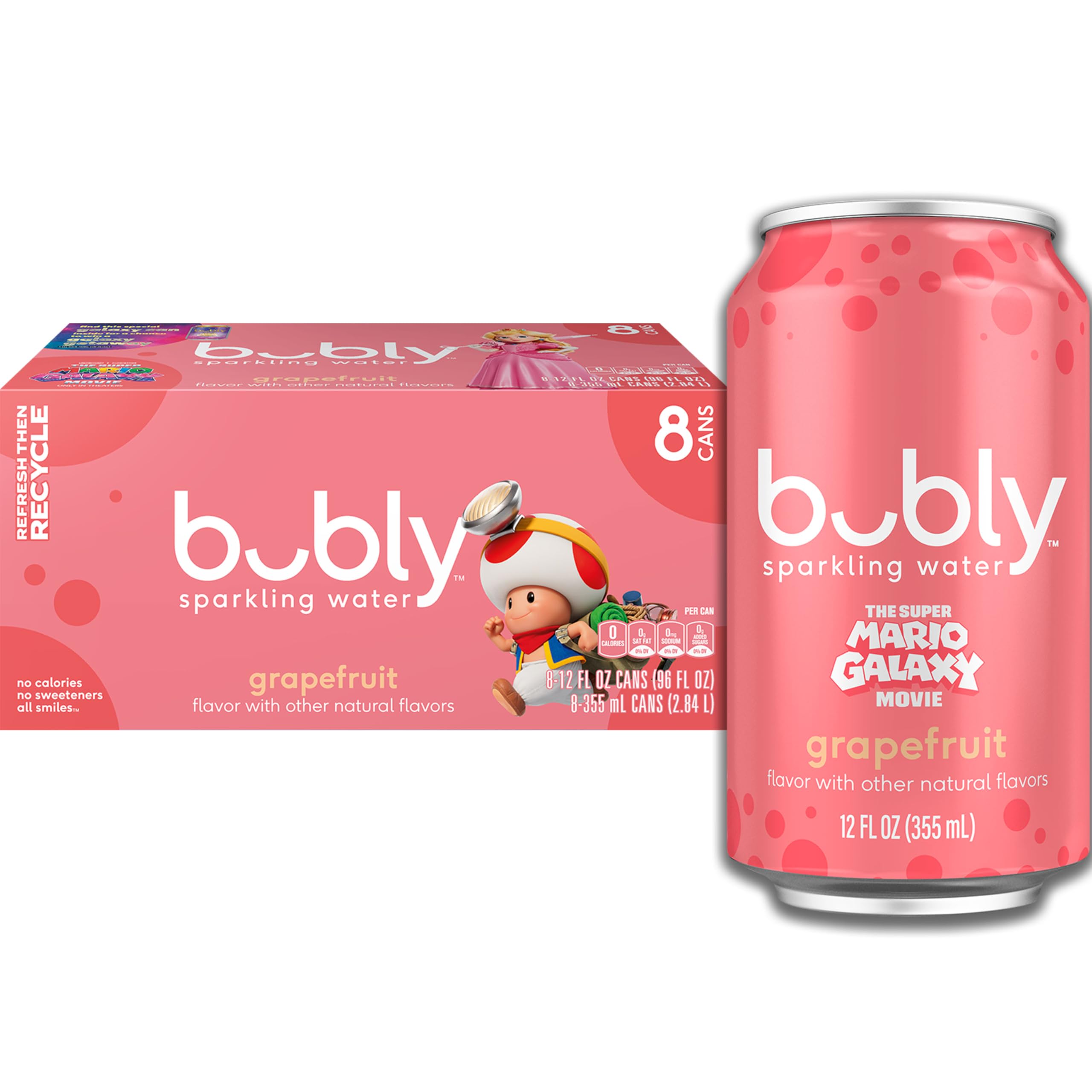 Bubly Grapefruit sparkling water can front view with crisp citrus flavor and refreshing lift.