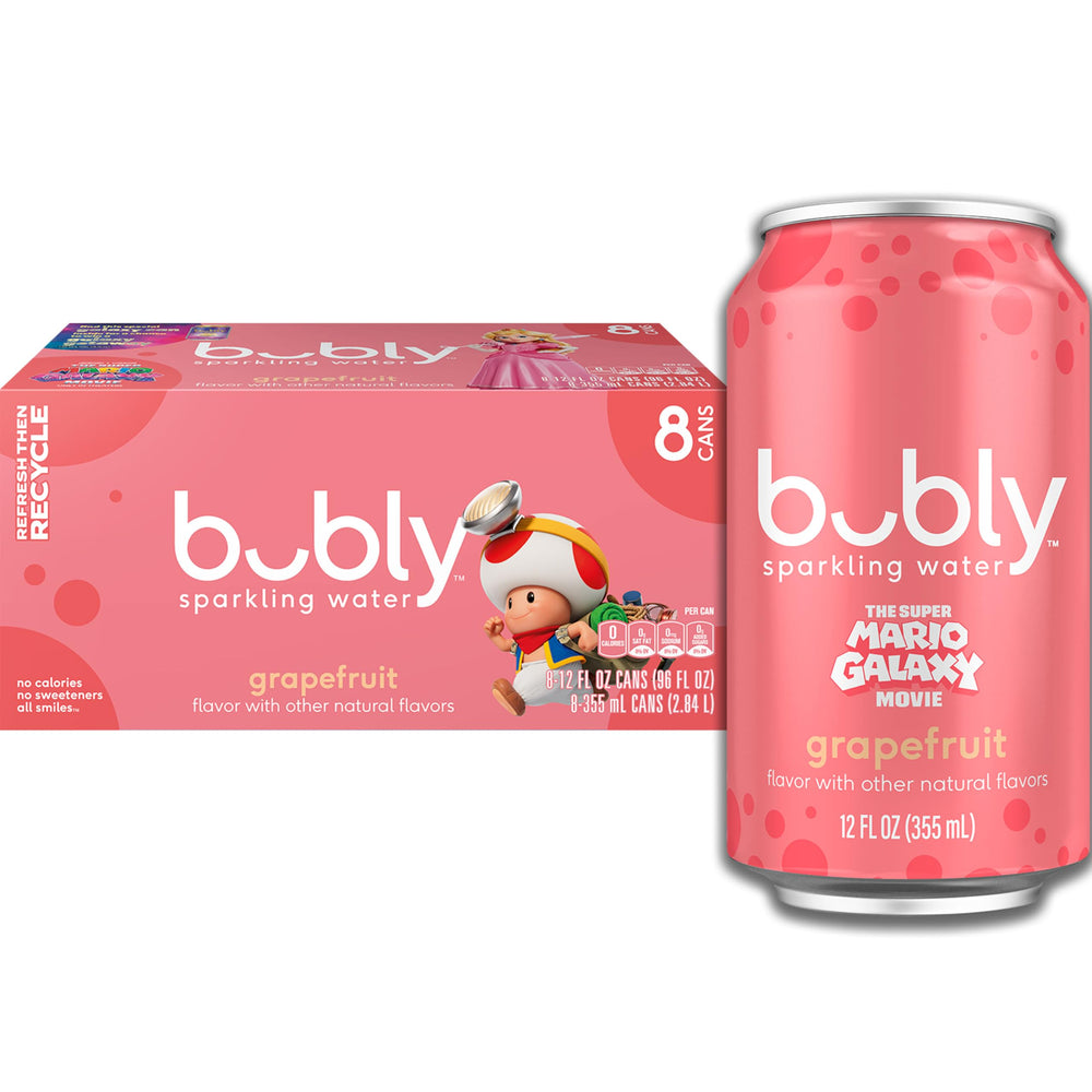 Bubly Grapefruit sparkling water can front view with crisp citrus flavor and refreshing lift.