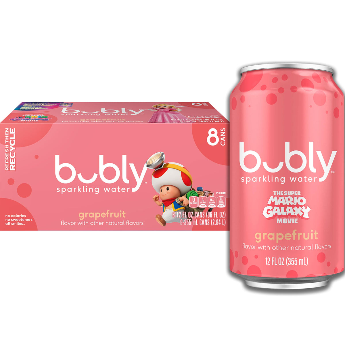 Bubly Grapefruit sparkling water can front view with crisp citrus flavor and refreshing lift.