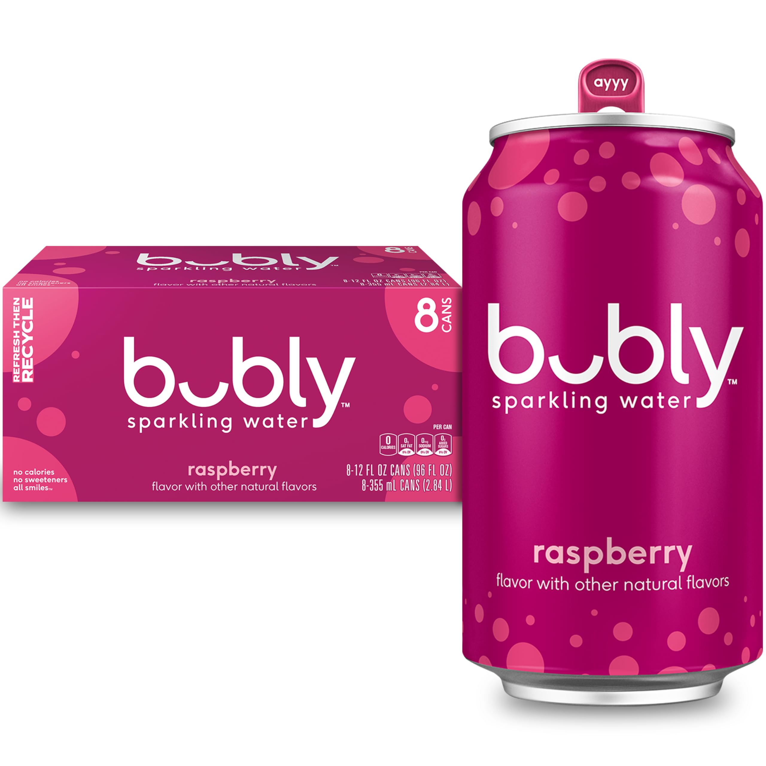 Bubly Raspberry sparkling water cans with crisp bubbles and zero calories.