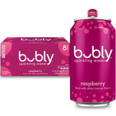 Bubly Raspberry sparkling water cans with crisp bubbles and zero calories.