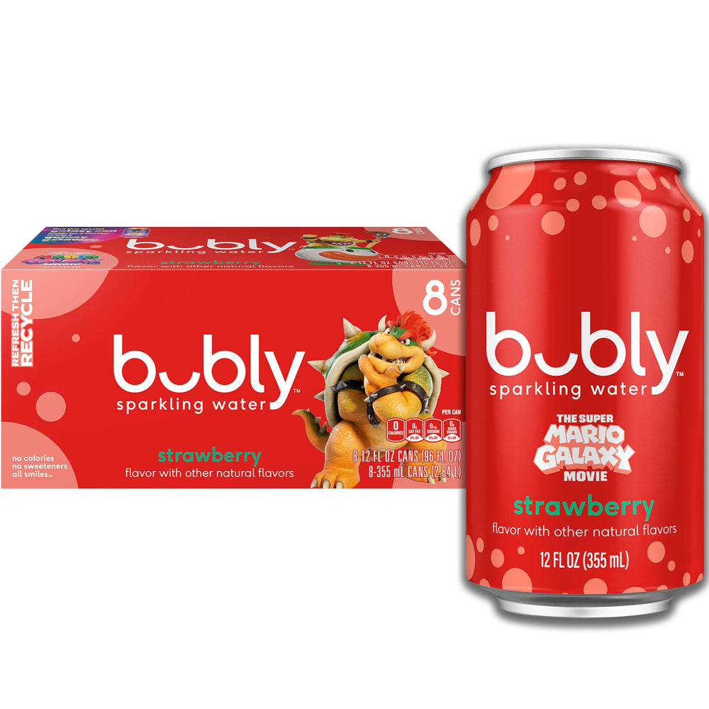Bubly Strawberry Sparkling Water can front view, zero calories and crisp flavor.