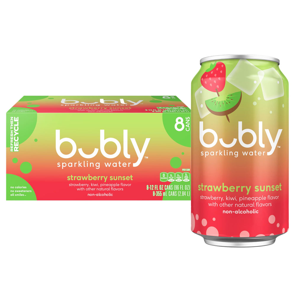 Bubly Strawberry Sunset can front view with zero calories and refreshing flavor
