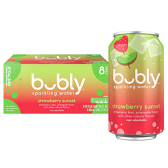 Bubly Strawberry Sunset can front view with zero calories and refreshing flavor