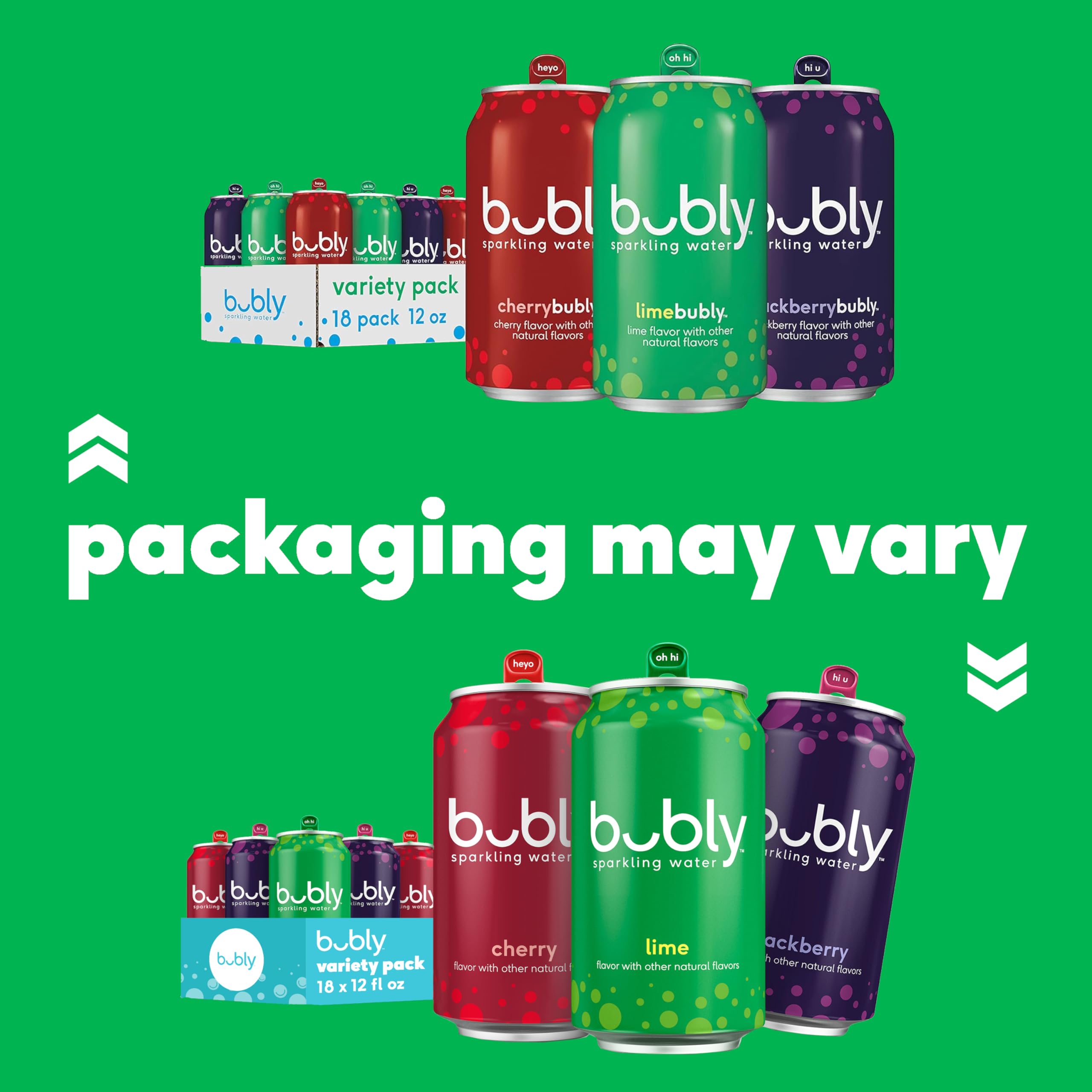 Bubly Variety Pack box displaying Lime, Cherry, and Blackberry flavors for tastings