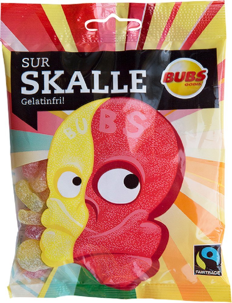 Two Bubs Godis Sur Skalle bags front view showing two 90 g packs for sharing.