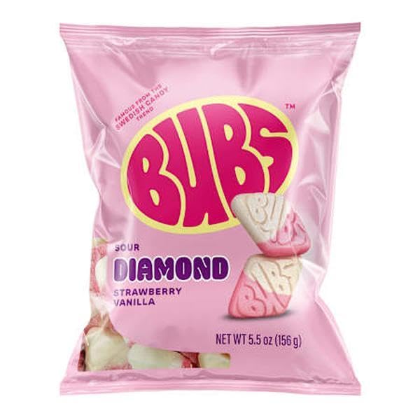 Two-pack packaging featuring BUBS Sour Strawberry Vanilla Diamond Foam Candies for sharing.