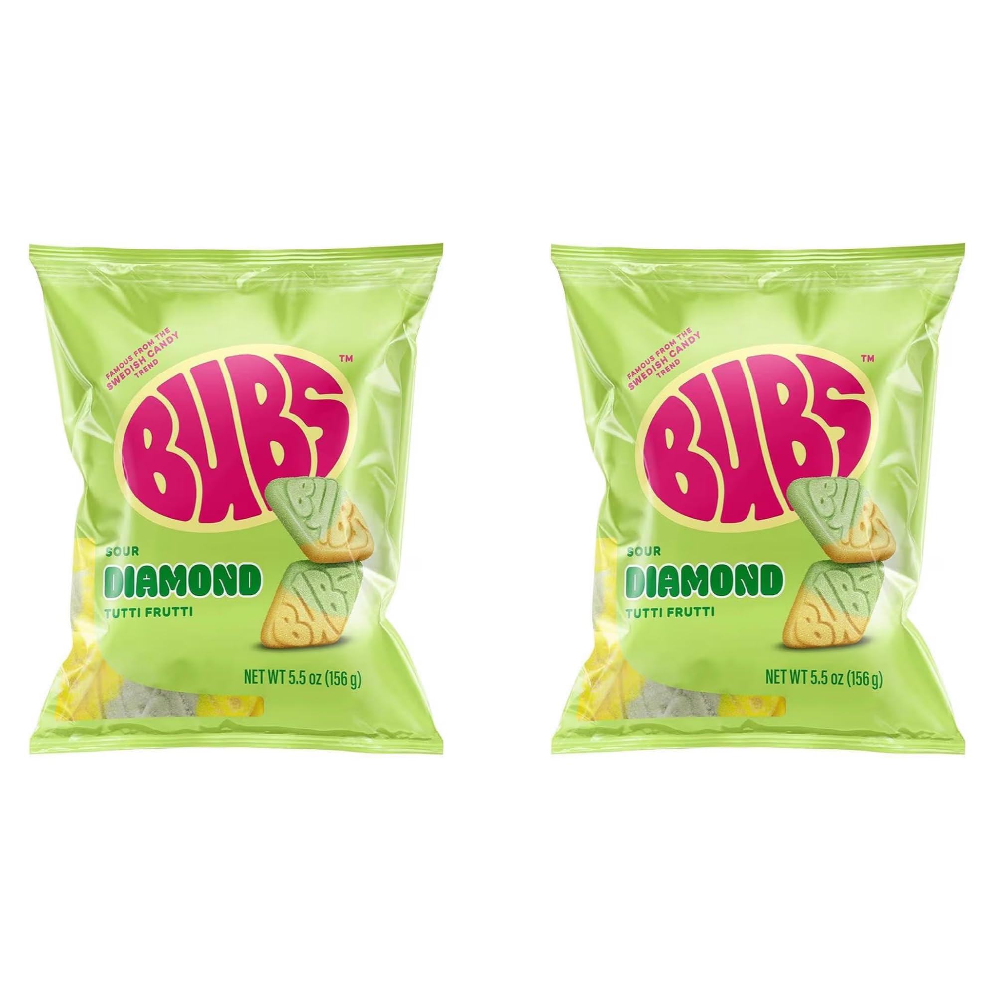 BUBS Sour Tutti Frutti Diamond Foam candy 2-pack bag, tangy vegan treat for sharing.