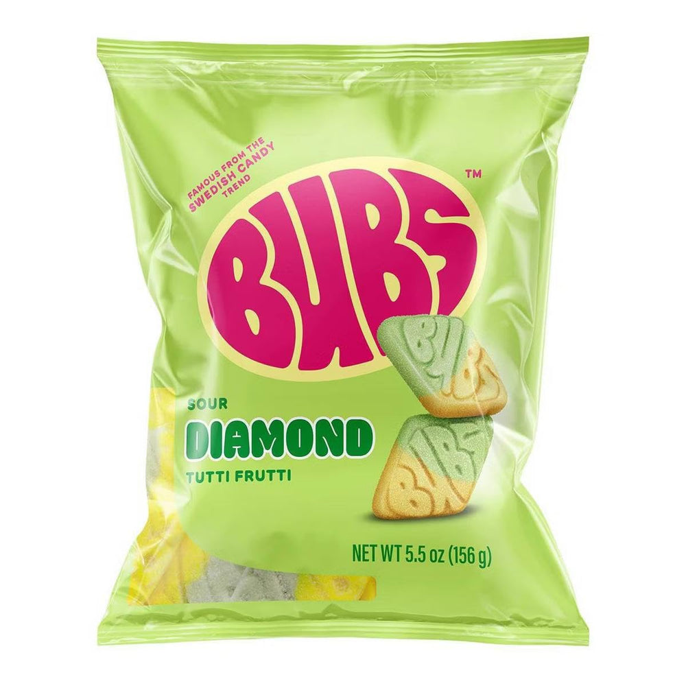 BUBS Sour Tutti Frutti Diamond Foam close-up shows soft foam texture, ideal party snack.