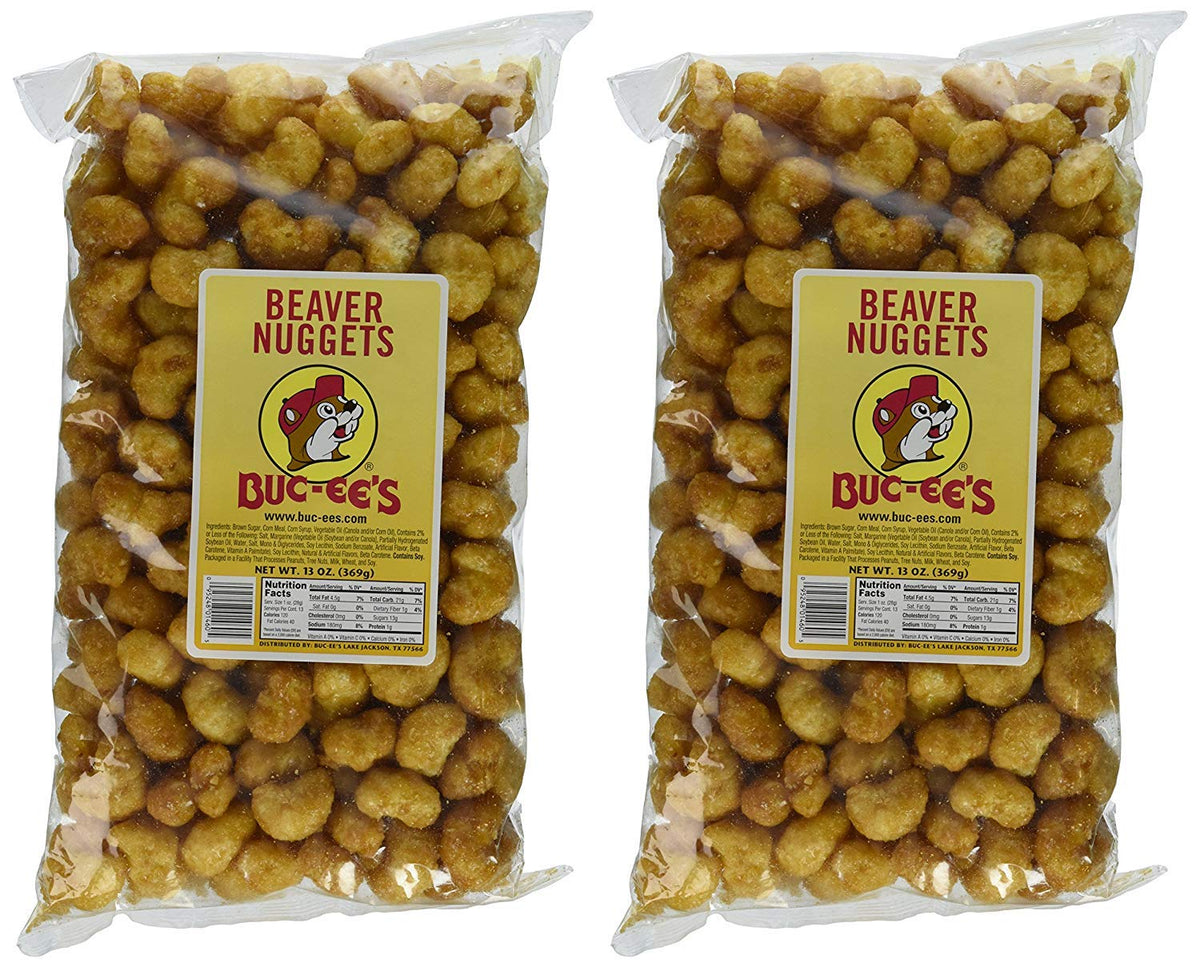 Buc-ee's Beaver Nuggets two-bags display, ideal road-trip snack with caramel-coated corn puffs