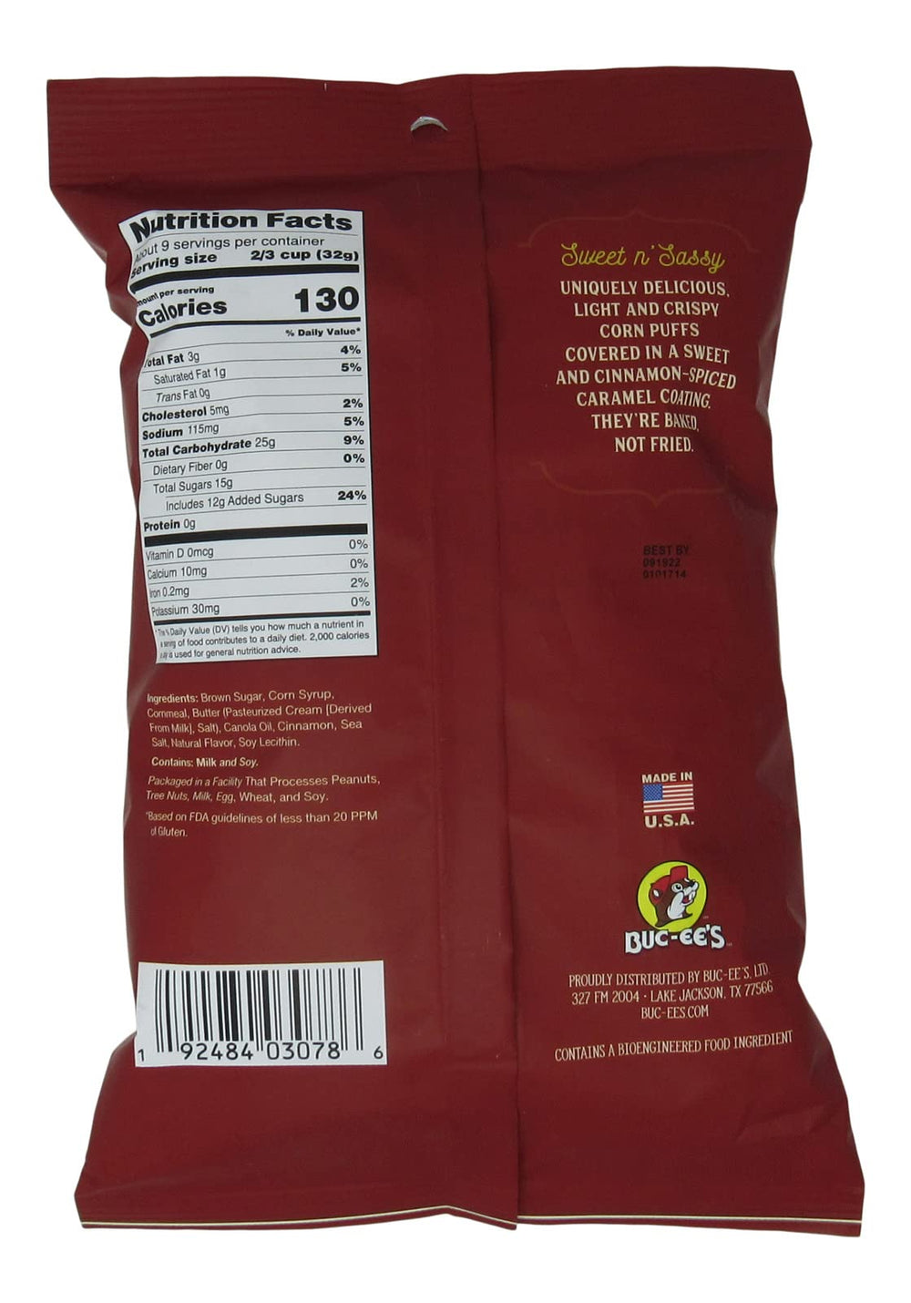 Buc-ee's Beaver Nuggets cinnamon puffs close-up, great for road trips and sharing.