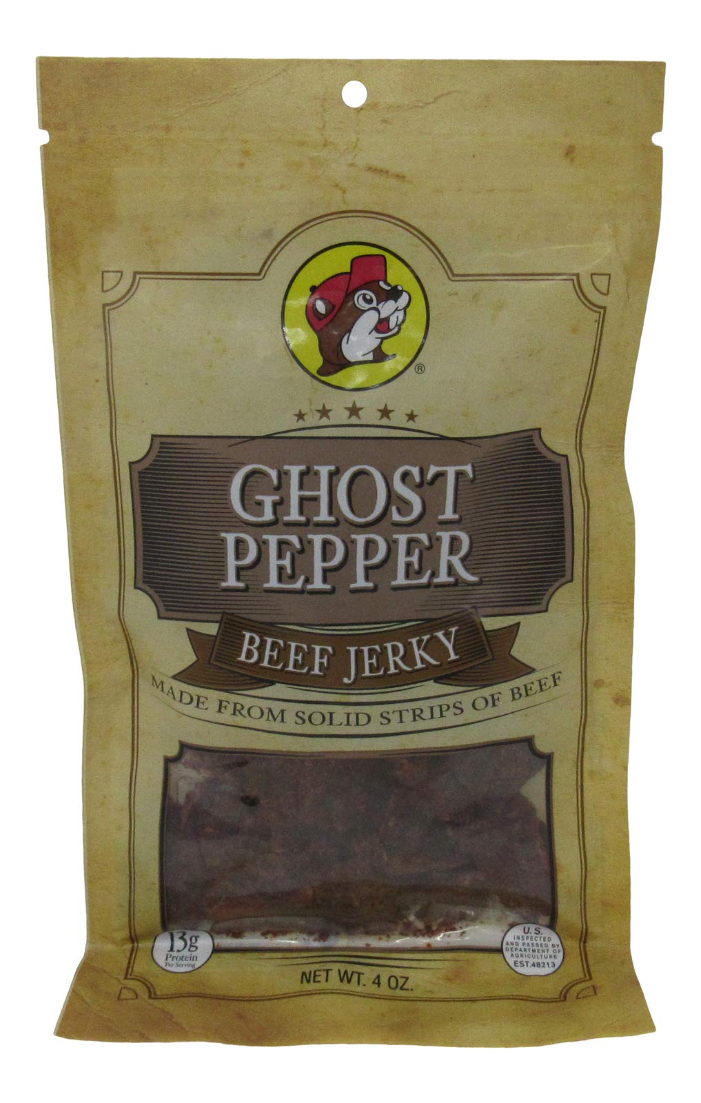 Buc-ee’s Ghost Pepper Beef Jerky in a resealable bag for bold heat on road trips