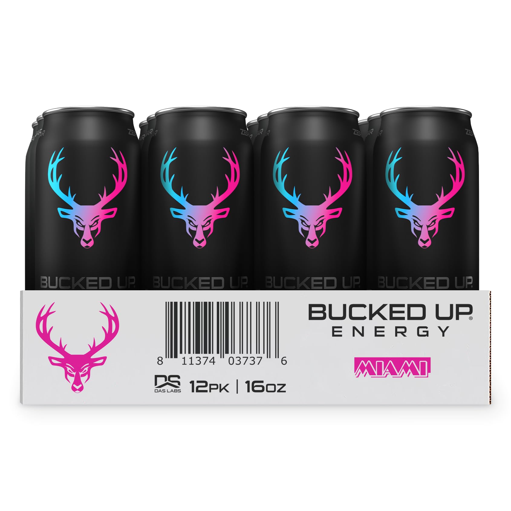 Bucked Up Energy 12-pack box offers bulk convenience for daily use.
