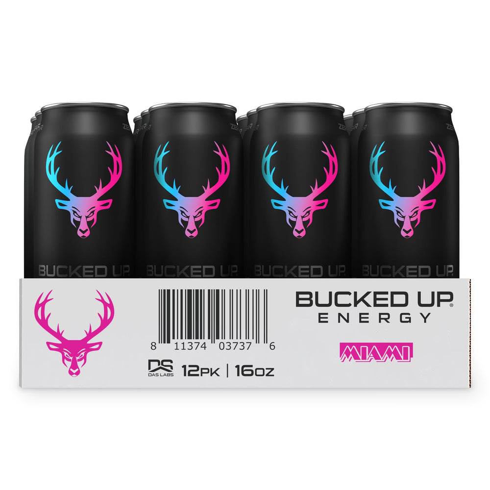 Bucked Up Energy 12-pack box offers bulk convenience for daily use.