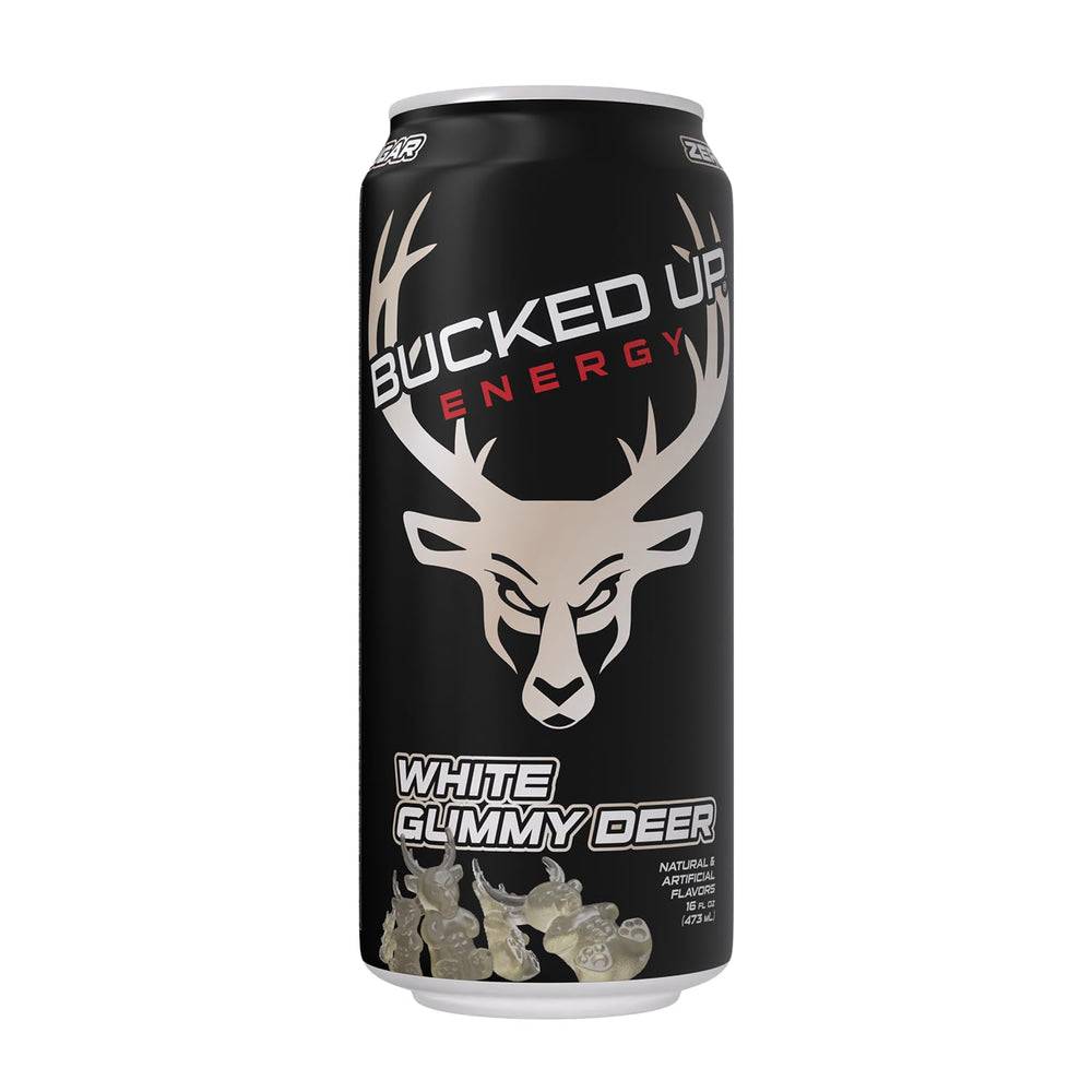 Bucked Up 12-pack display of White Gummy Deer energy drinks.