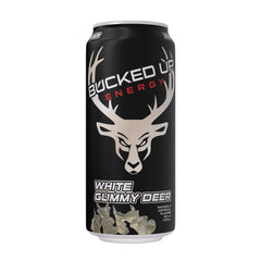Bucked Up 12-pack display of White Gummy Deer energy drinks.