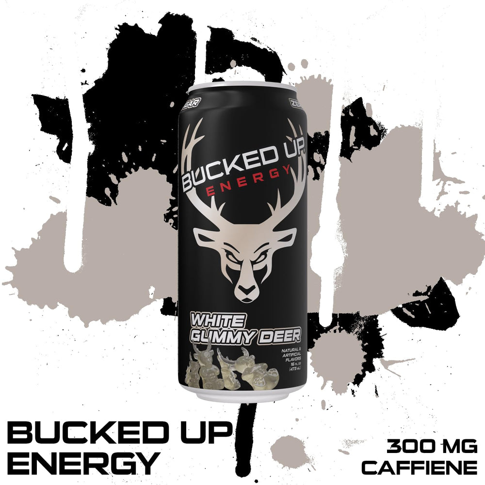 Bucked Up 300mg energy drink with Dynamine and TeaCrine ingredients.