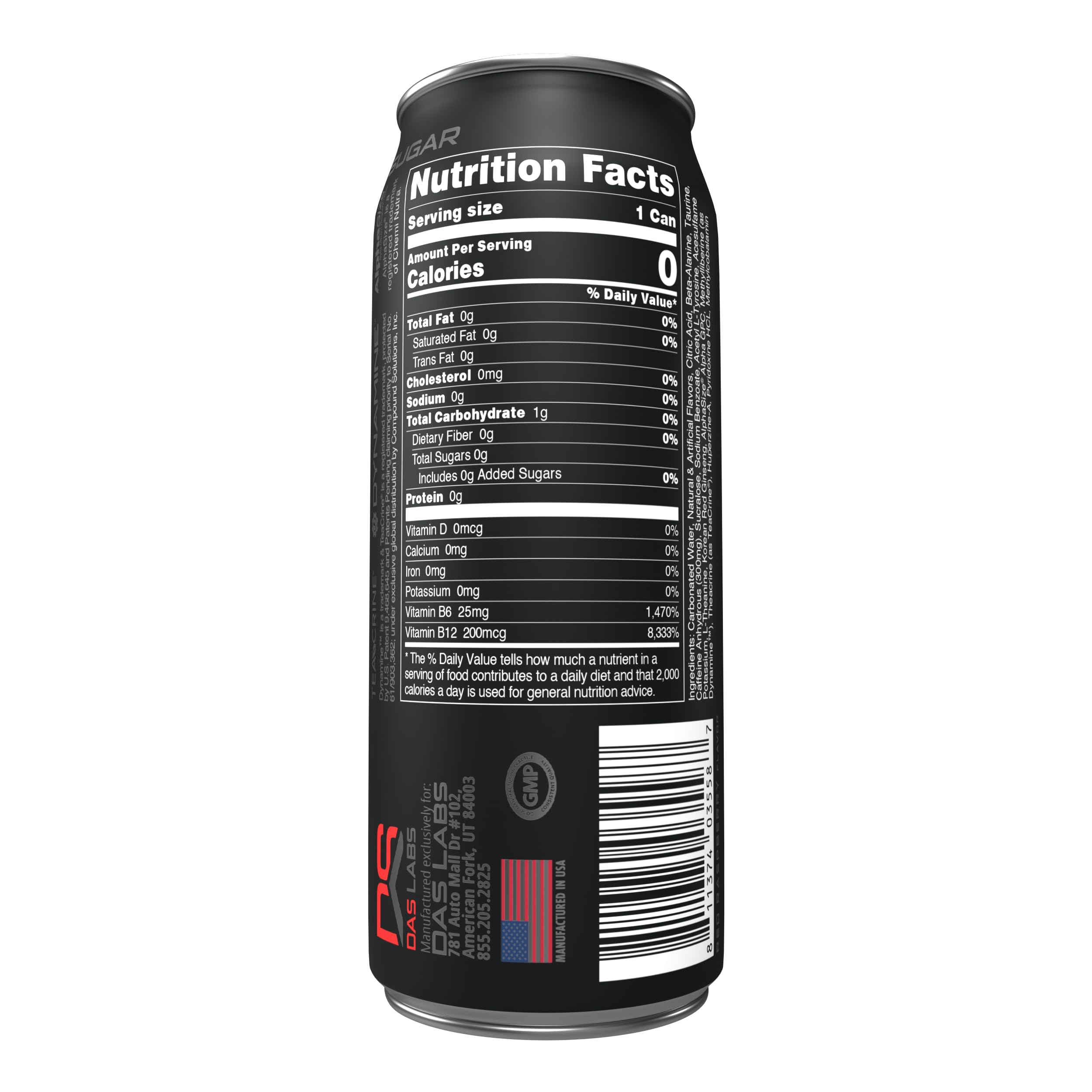 Bucked Up Blood Raz 12ct back label reveals caffeine amount and sugar-free design.