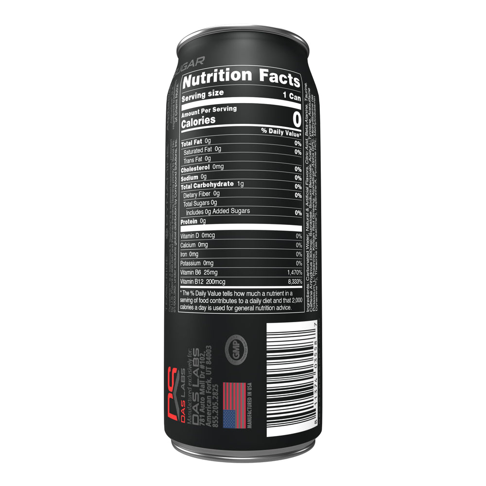 Bucked Up Blood Raz 12ct back label reveals caffeine amount and sugar-free design.