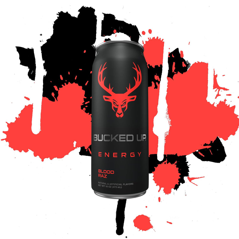 Bucked Up Blood Raz 12ct packaging display emphasizes portability for workouts.