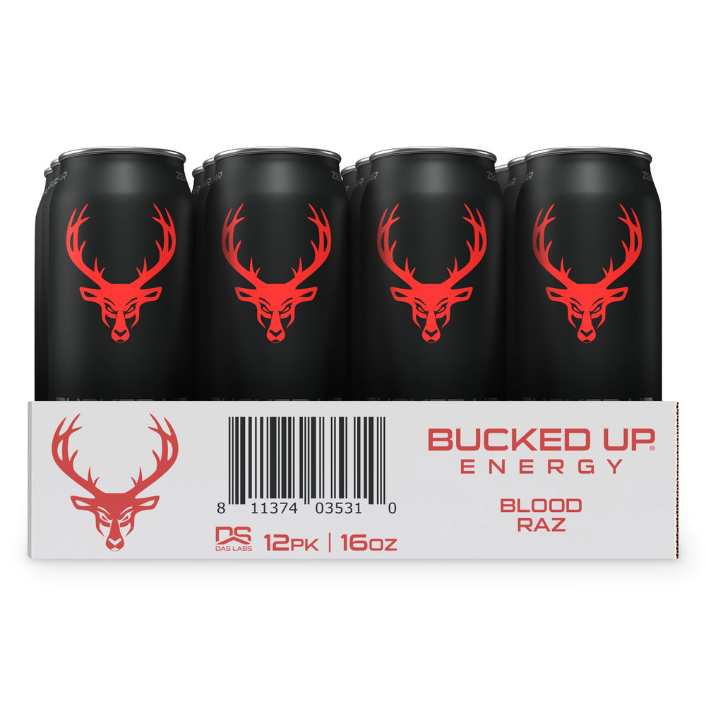 Bucked Up Blood Raz 12ct ready-to-drink pour demonstrates on-demand energy.