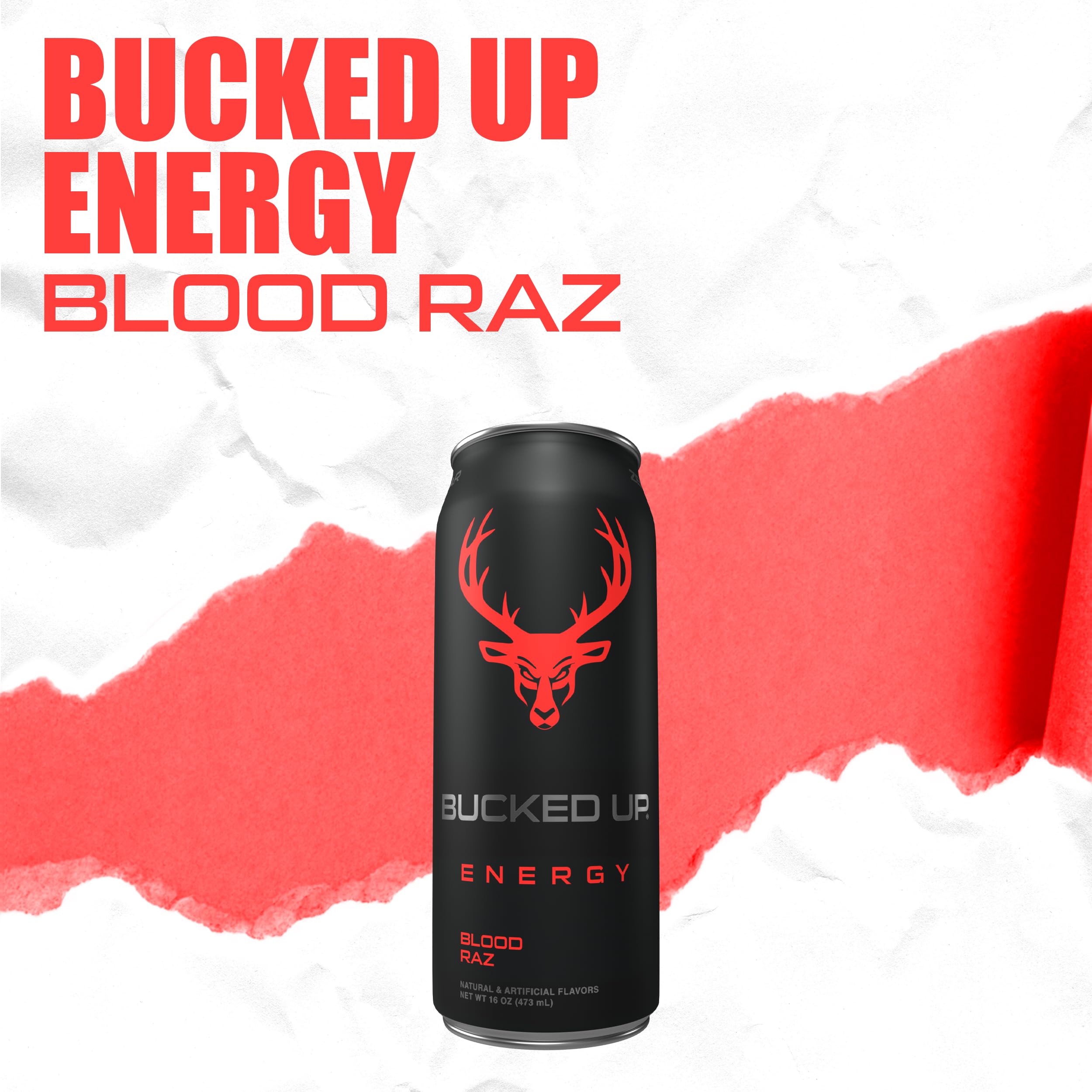 Bucked Up Blood Raz 12ct zero-sugar label supports sugar-free lifestyle choices.