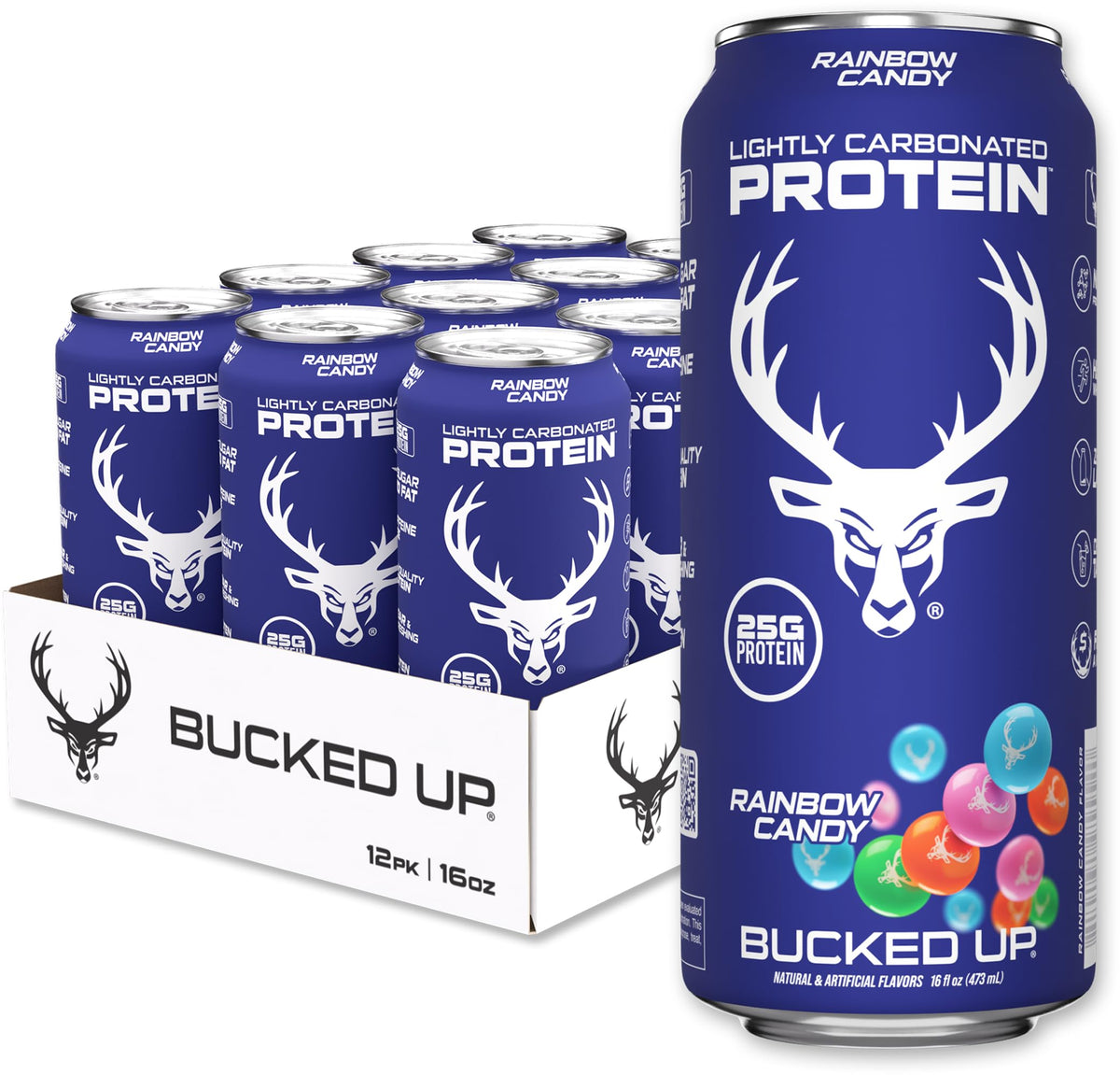 Bucked Up protein soda can display with rainbow candy flavor, 25 g protein per can, zero sugar.